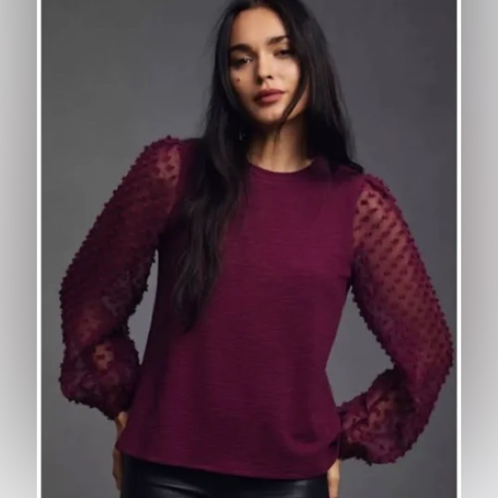 Anthropologie Maeve Textured Sleeve Top Maroon Medium